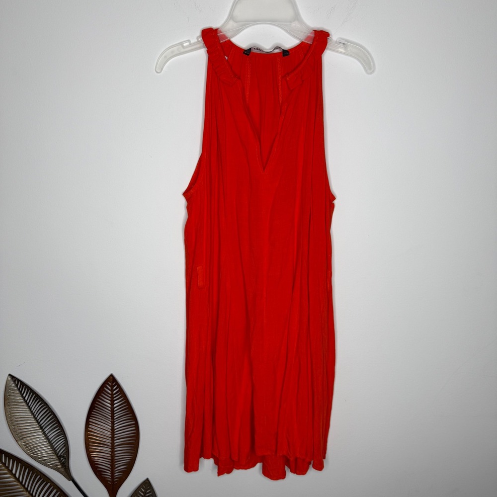 E4 Zara Red Orange Sleeveless Ruffle Neck Mini Dress with Pockets XS